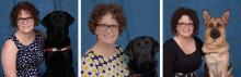 a composite of three images of Elaine posing with her guide dogs in each image