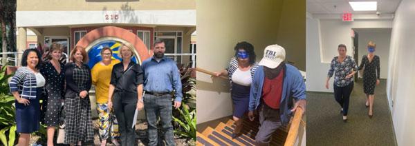 3 images together - 1. members of The Elder Law Center of Kirson & Fuller posing out front of the Lighthouse building; 2. image of a Kirson & Fuller team member walking up stairs under sighted guide; 3. image of a Kirson & Fuller team member walking in the hall sighted guide  