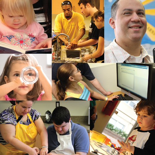 a collage of different clients interacting in different services and activities at Lighthouse